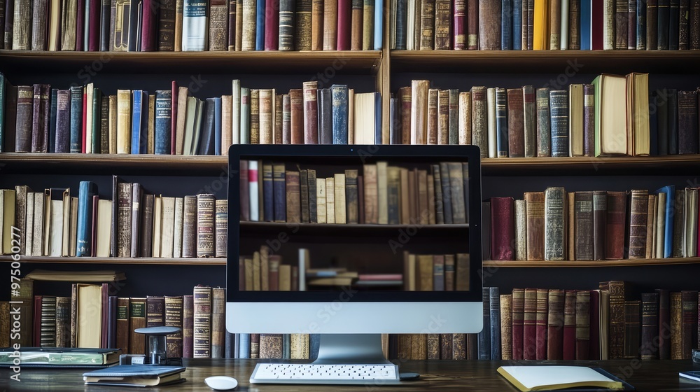 Digital Library Inside a Computer. AI generated illustration. Digital Library Inside a Computer. AI generated illustration.
