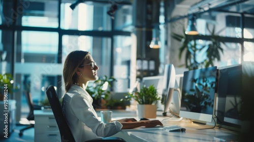 A dedicated office employee focused on her computer screen, surrounded by greenery in a modern, well-lit workspace, exuding productivity.