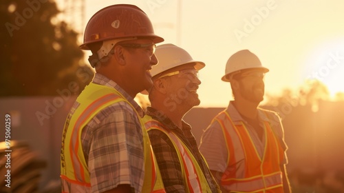 Three construction workers in safety gear share a laugh during sunset, with warm, golden light illuminating their cheerful faces on a worksite.