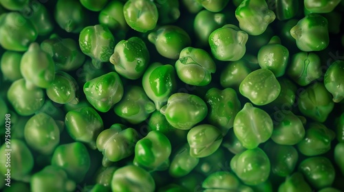 A close-up of fresh, vibrant green peas with a glossy finish, capturing the freshness and natural beauty of the peas in high detail.