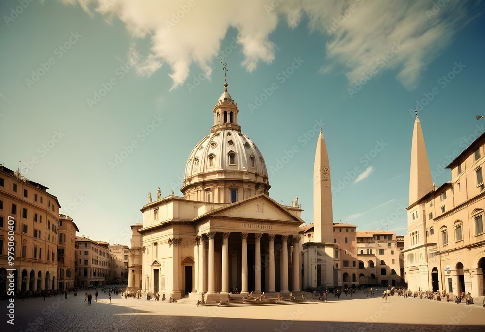 Obraz premium A historic city square in Rome, Italy with a large church dome, obelisk, and cobblestone streets lined with old buildings