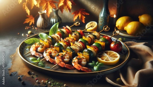 A plate of grilled shrimp skewers with vegetables and slices of lemon, garnished with herbs, surrounded by autumn leaves and pottery on a dark rustic table.

 photo