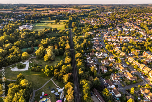 Aerial drone shot during sunset over the town of Bishops Stortford in England