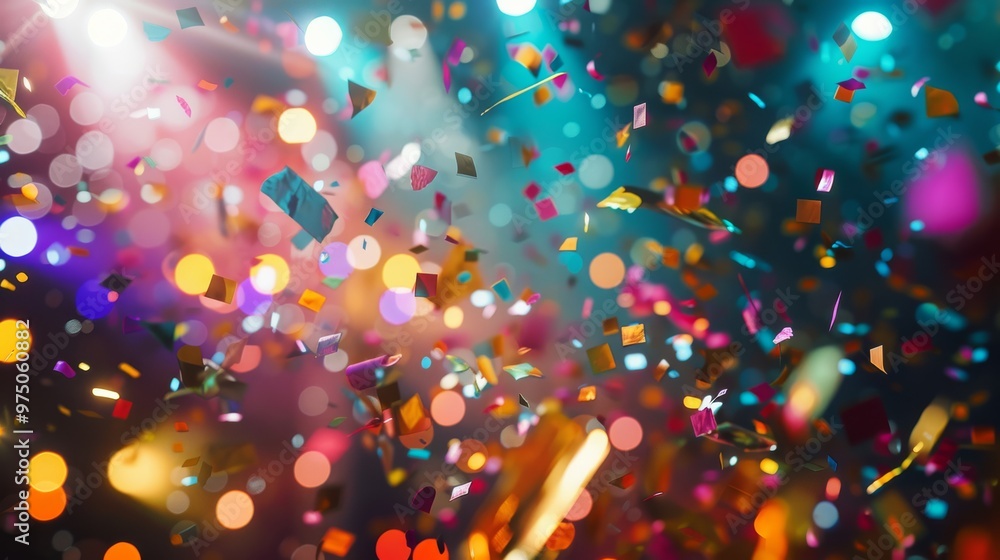 Colorful confetti floats mid-air against a backdrop of bokeh lights, creating a festive and jubilant scene. Colorful confetti floats mid-air against a backdrop of bokeh lights, creating a festive and jubilant scene.