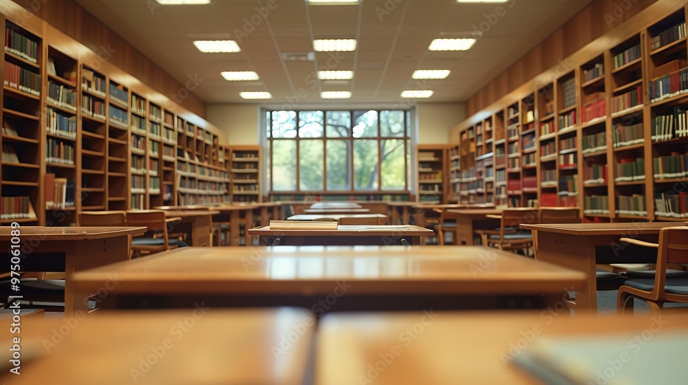 Fototapeta premium Abstract blurred empty college library interior space. Blurry classroom with bookshelves by defocused effect