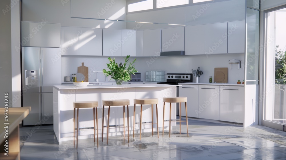 Fototapeta premium A modern, sunlit kitchen with sleek white cabinets, an island, and wooden bar stools.