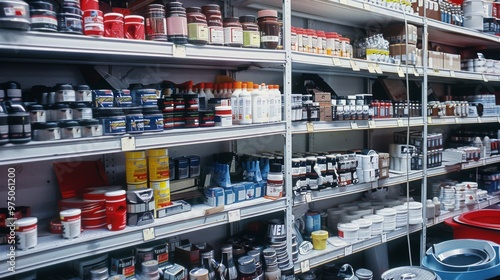 Shelves stocked with various types of paint, jars, and other painting supplies in a hardware store. photo