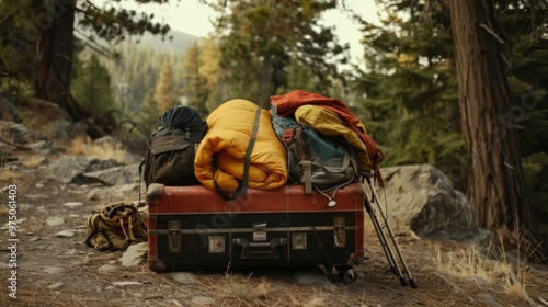 A vintage suitcase loaded with camping gear sits on a forest path, symbolizing adventure and the promise of an exciting trek into the wilderness. photo