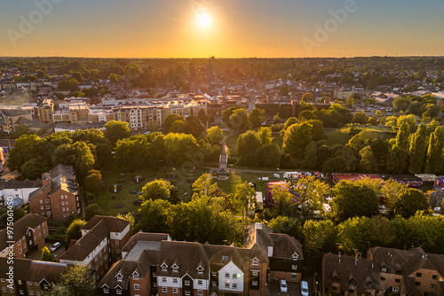 Aerial drone shot during sunset over the town of Bishops Stortford in England