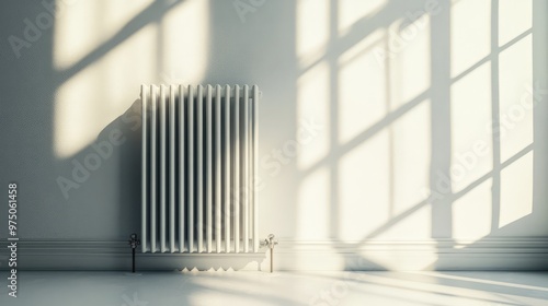 Wallpaper Mural Radiator on White Epoxy Floor. AI generated illustration. Torontodigital.ca