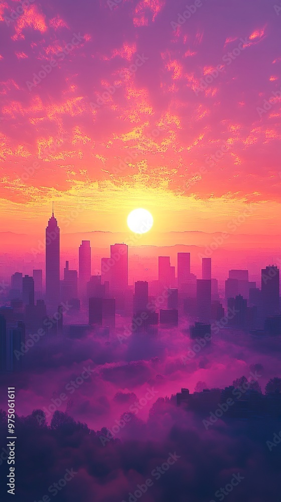 Urban cityscape at dawn with silhouetted buildings and bright sunrise wallpaper Urban cityscape at dawn with silhouetted buildings and bright sunrise wallpaper