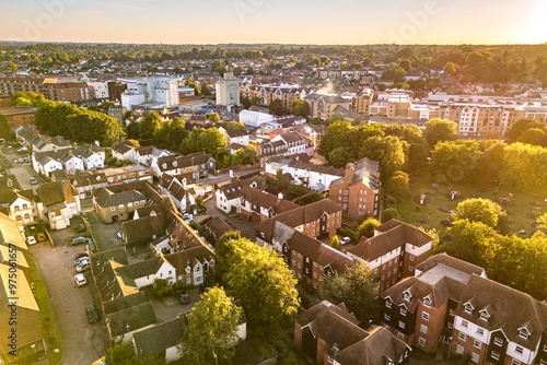 Aerial drone shot during sunset over the town of Bishops Stortford in England photo