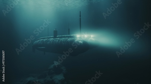 A submarine cruising silently underwater, enveloped in dim light, creating an impression of a covert and mysterious mission.