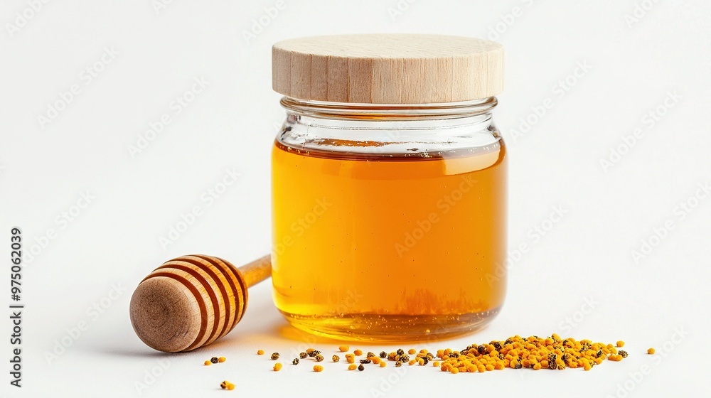 A honey dipper sits beside a jar of honey on a white plate A honey dipper sits beside a jar of honey on a white plate