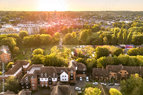 Aerial drone shot during sunset over the town of Bishops Stortford in England photo