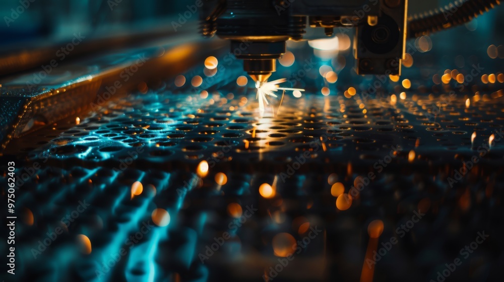 Close-up of a precision laser cutting metal, creating intricate patterns with sparks flying in a workshop setting. Close-up of a precision laser cutting metal, creating intricate patterns with sparks flying in a workshop setting.