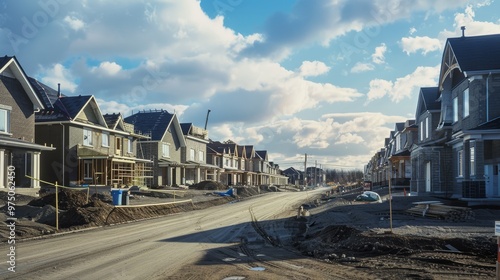 Wallpaper Mural Newly built suburban houses under a bright blue sky, showcasing a growing neighborhood amidst ongoing construction and development. Torontodigital.ca