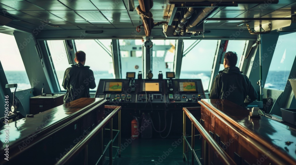 Inside the nautical bridge of a ship, two crew members are attentively navigating through a vast, calm ocean, surrounded by navigational equipment. Inside the nautical bridge of a ship, two crew members are attentively navigating through a vast, calm ocean, surrounded by navigational equipment.