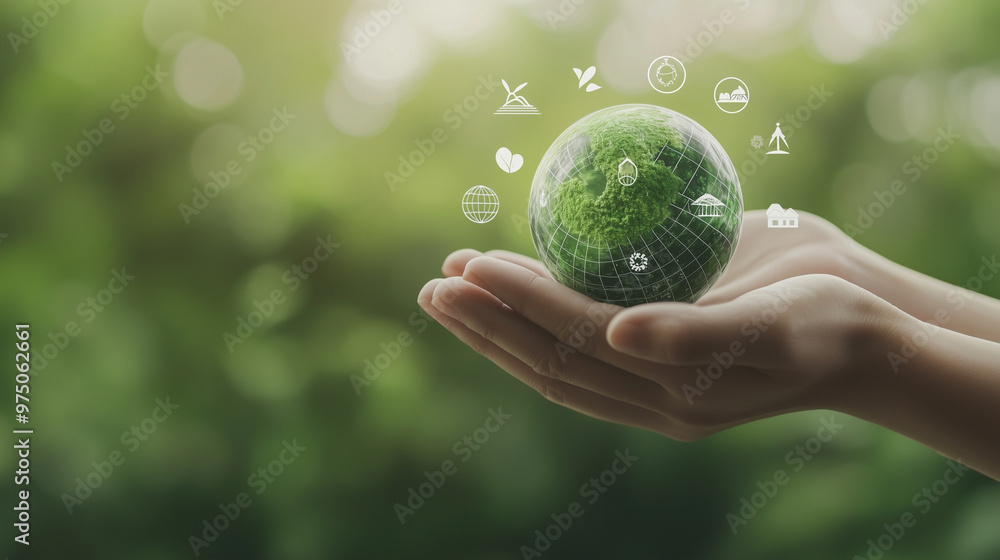 scene with hands holding a small globe, surrounded by icons representing sustainable development goals such as renewable energy, clean water, and forest conservation. The backdrop scene with hands holding a small globe, surrounded by icons representing sustainable development goals such as renewable energy, clean water, and forest conservation. The backdrop