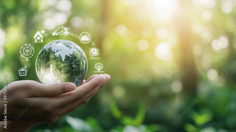 scene with hands holding a small globe, surrounded by icons representing sustainable development goals such as renewable energy, clean water, and forest conservation. The backdrop scene with hands holding a small globe, surrounded by icons representing sustainable development goals such as renewable energy, clean water, and forest conservation. The backdrop