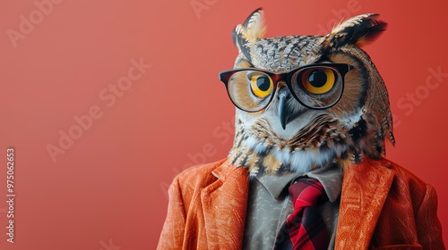 Cool looking owl bird wearing funky fashion dress - jacket, shirt, tie, glasses. Wide banner with space for text at side. Stylish animal posing