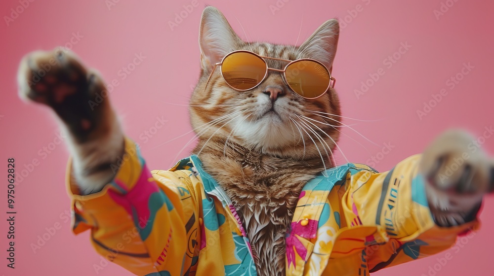 Cat wearing colorful clothes and sunglasses dancing on the pink background Cat wearing colorful clothes and sunglasses dancing on the pink background