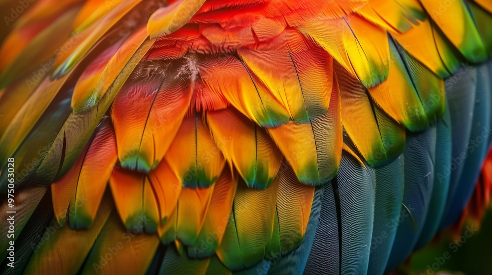 Obraz premium Vibrant and colorful feathers of a macaw, exhibiting a stunning array of blues, greens, yellows, and reds in intricate detail.