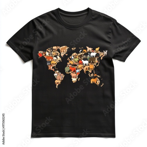 T-shirt design featuring a world map made of animals. photo