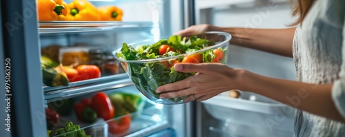 Woman placing a fresh green salad in an organized refrigerator, highlighting healthy eating and lifestyle with fresh ingredients photo