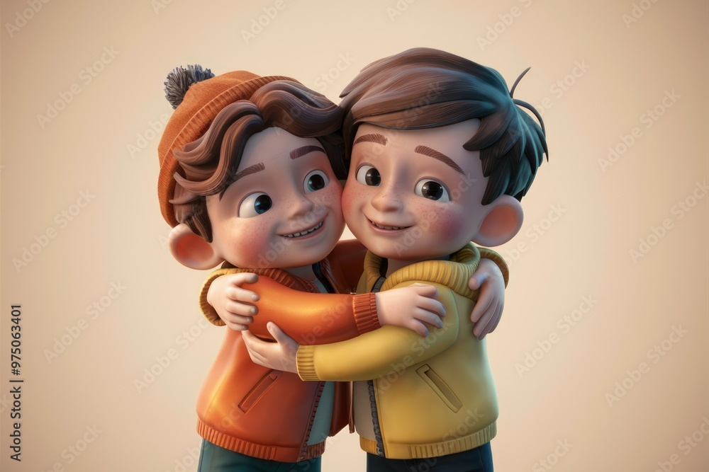 Two cartoon boys hugging each other with smiles on their faces. Two cartoon boys hugging each other with smiles on their faces.