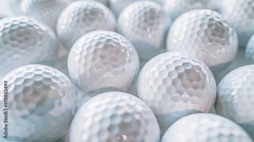 A close, focused view of pristine, white golf balls arranged in an orderly fashion, emphasizing their dimpled texture.