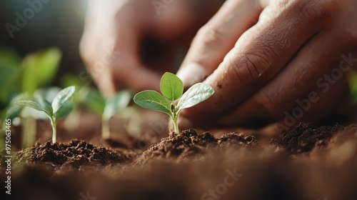 Close-up of hands carefully planting green seedlings in fertile soil, symbolizing nurturing, growth, and the early stages of life, depicted with detailed focus on new beginnings.