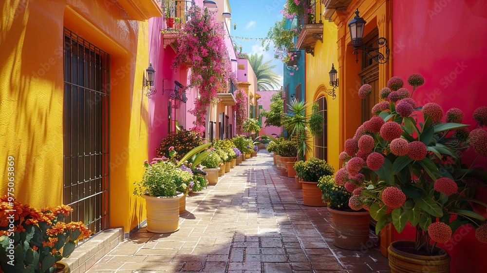 Fototapeta premium Vibrant Street Scene with Colorful Buildings and Lush Greenery