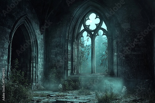 Spooky, abandoned stone chapel with large Gothic windows glowing under faint moonlight in a misty, eerie atmosphere.