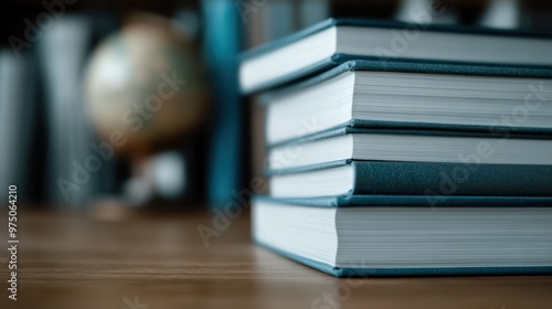 A stack of books is placed on a wooden table with a globe in the background, symbolizing global education, knowledge, and discovery, blending learning with world exploration. photo