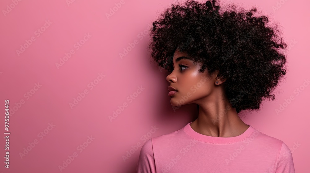 A woman with curly hair gazes sideways, wearing a pink top against a pink backdrop, embodying a modern, stylish presence with elegance and attitude. A woman with curly hair gazes sideways, wearing a pink top against a pink backdrop, embodying a modern, stylish presence with elegance and attitude.