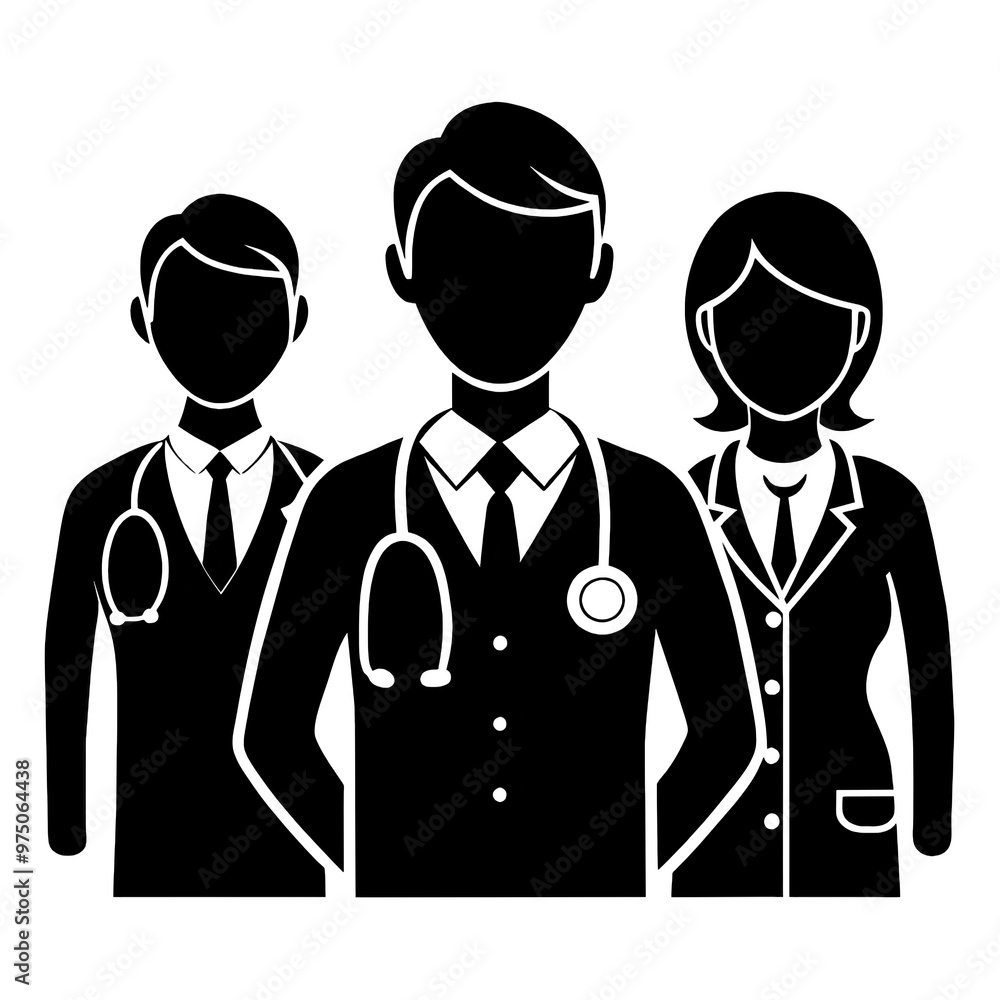 Three doctors in formal wear are standing closely together showcasing a silhouette style against a white backdrop emphasizing their professionalism and unity Three doctors in formal wear are standing closely together showcasing a silhouette style against a white backdrop emphasizing their professionalism and unity