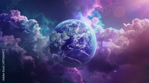 A stunning image of Earth floating amongst vivid, colorful clouds and stars, capturing the beauty and mystery of our planet in the cosmos.