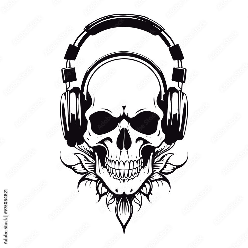 Black and white outline etching on a skull wearing a headphone
Black and white outline etching on a skull wearing a headphone