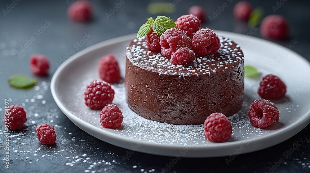 A chocolate cake, topped with fresh raspberries, served on a white plate and dusted with powdered sugar A chocolate cake, topped with fresh raspberries, served on a white plate and dusted with powdered sugar