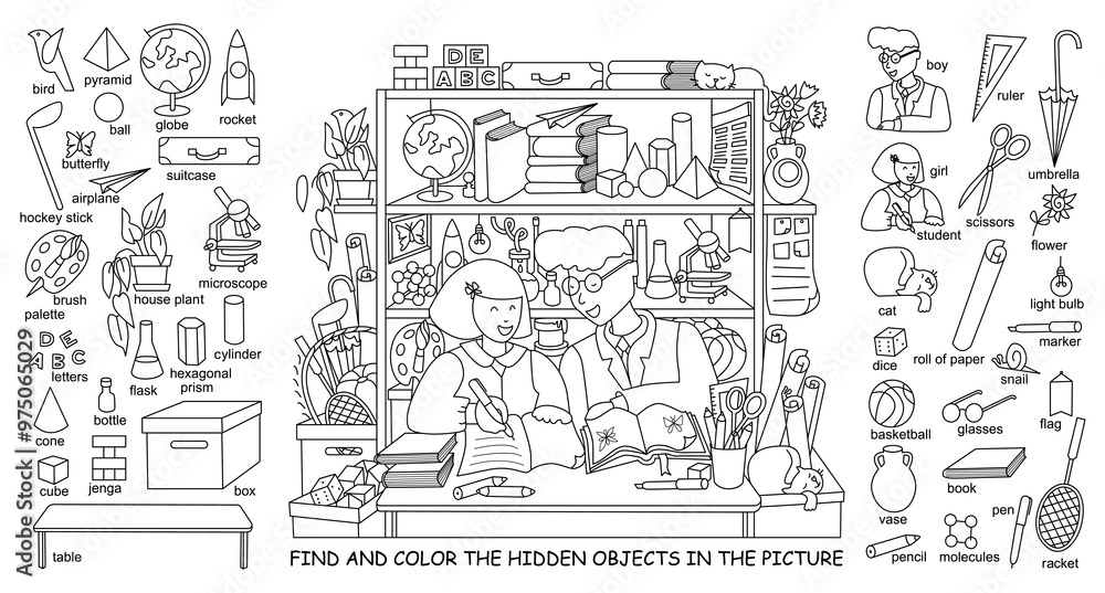 Student in the classroom. Find and color hidden objects in the picture. Girl and boy are siting on a school bench and studying. Puzzle Hidden Items. Lesson. Sketch vector illustration Student in the classroom. Find and color hidden objects in the picture. Girl and boy are siting on a school bench and studying. Puzzle Hidden Items. Lesson. Sketch vector illustration