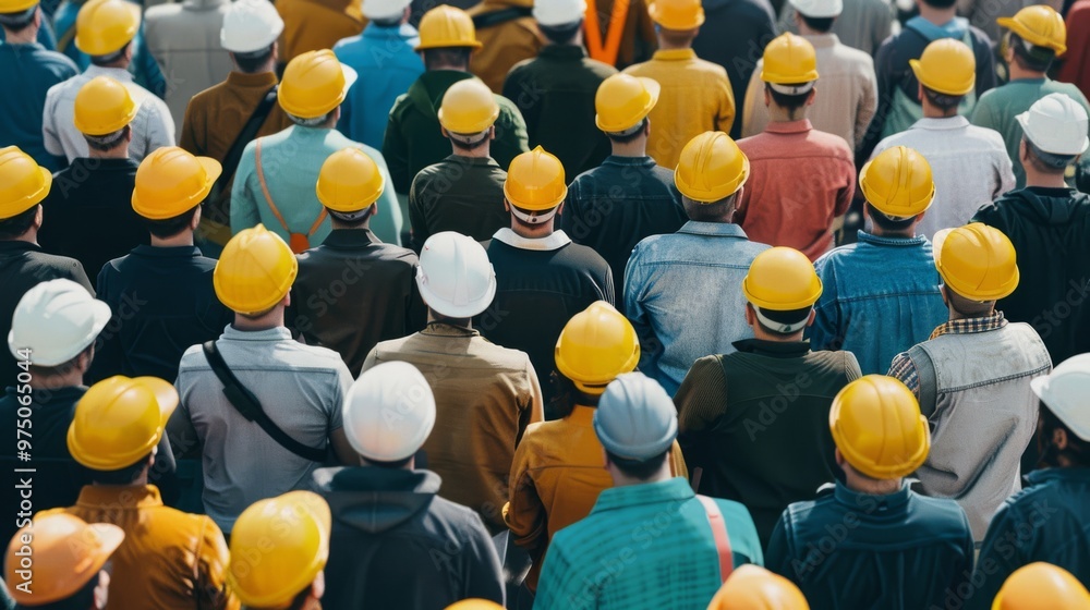 Obraz premium A crowd of workers all wearing hard hats, viewed from behind, gather in a tightly packed formation, possibly at a construction site.
