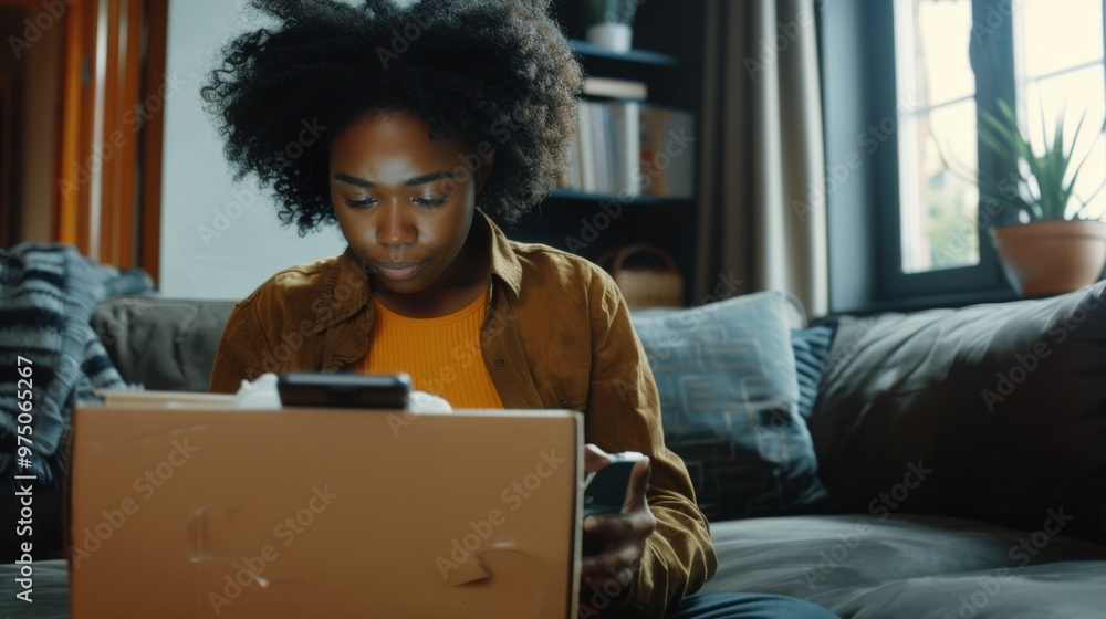 A person engrossed in their work examines a package with focused intensity in a warm, cozy living room setting, surrounded by soft lighting and personal touches. A person engrossed in their work examines a package with focused intensity in a warm, cozy living room setting, surrounded by soft lighting and personal touches.