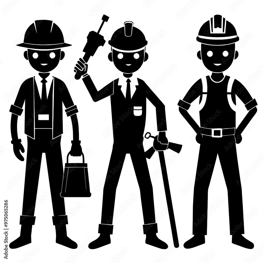 A set of engineers stands together in different poses highlighting their teamwork and creativity in a unique black art style A set of engineers stands together in different poses highlighting their teamwork and creativity in a unique black art style