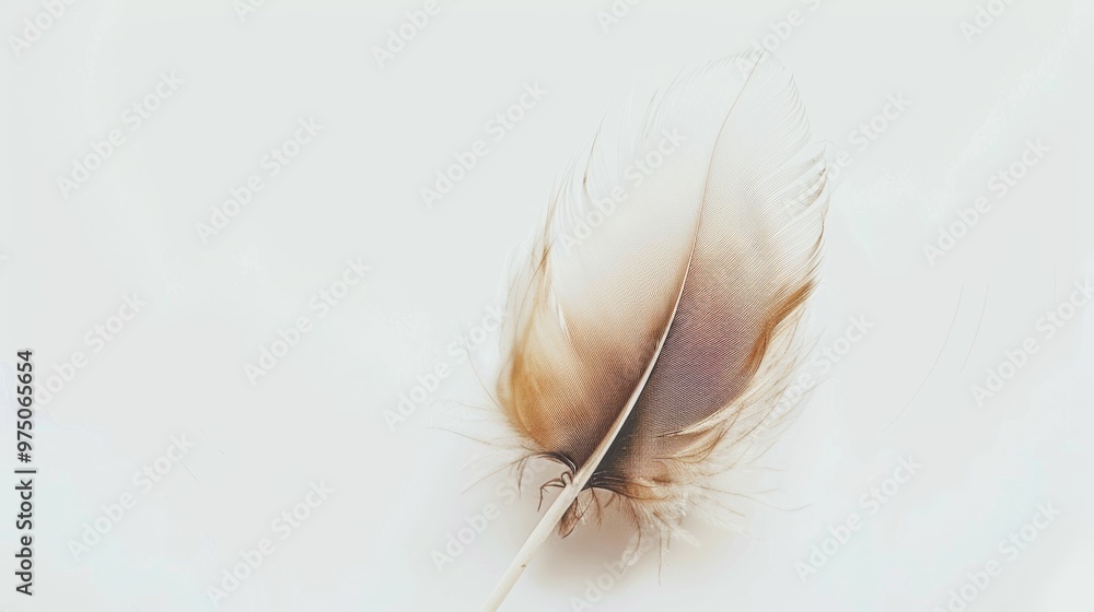 Fototapeta premium A single delicate feather with brown tips, poised elegantly on a clean, white background, evoking themes of lightness and simplicity.