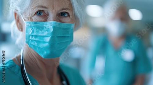 The image shows a medical professional in green scrubs wearing a mask and a stethoscope around their neck. Another medical staff member stands blurred in the background.