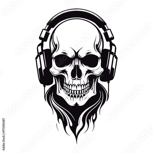 Black and white outline etching on a skull wearing a headphone
