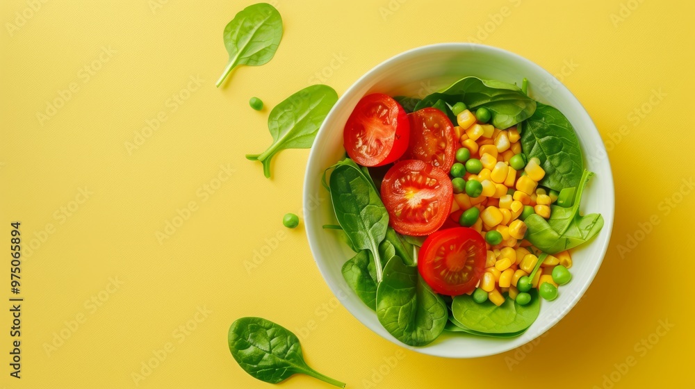 A bright and cheerful salad in a white bowl, displayed on a green surface and set against a bold yellow background. A bright and cheerful salad in a white bowl, displayed on a green surface and set against a bold yellow background.