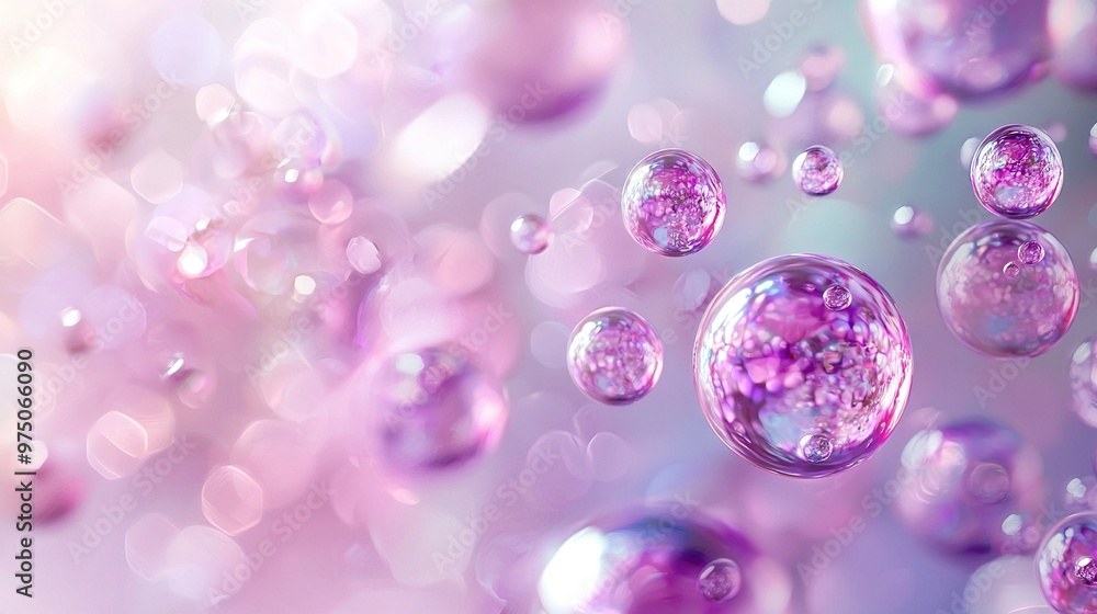 A cluster of bubbles suspended above a blue-pink gradient backdrop, featuring a pink and white design at their base A cluster of bubbles suspended above a blue-pink gradient backdrop, featuring a pink and white design at their base