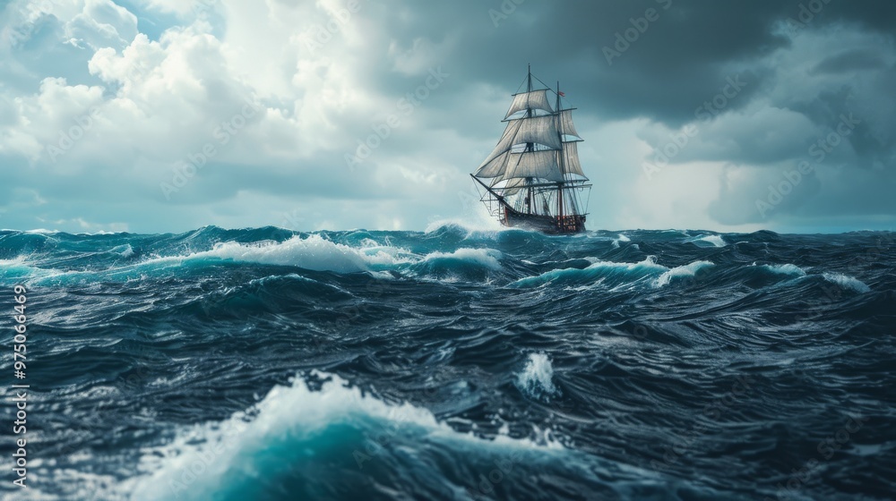 Obraz premium A tall ship navigates through a turbulent sea under a cloudy sky, capturing the essence of adventure and the power of nature.